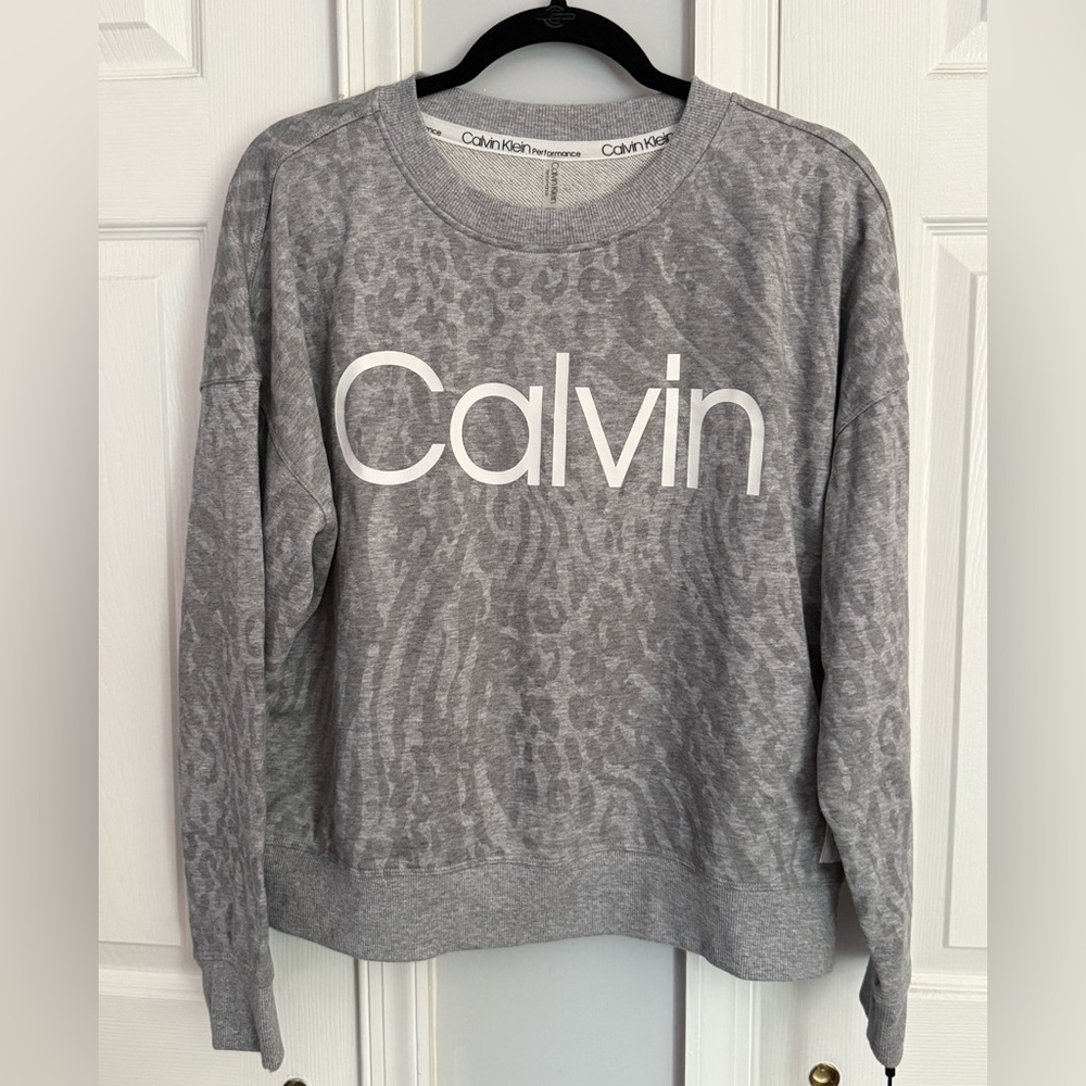Calvin Klein Gray Crew Neck Sweater with Textural Print